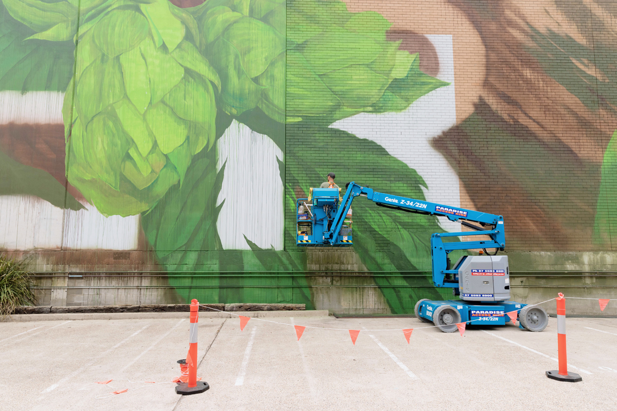 Cam Scale Must Mural Progress mural artist, Cam Scale adding detail to a large scale mural at the Burleigh Brewing Taphouse